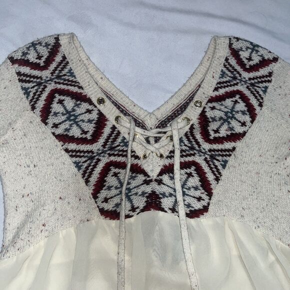 Abercrombie & Fitch S Boho Sweater Blouse W Printed Sleeves Lace Up Small Aztec - Picture 4 of 16